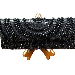 Bijoux Terner Beaded Clutch Evening Black Bag Purse Black chain/strap Detailing